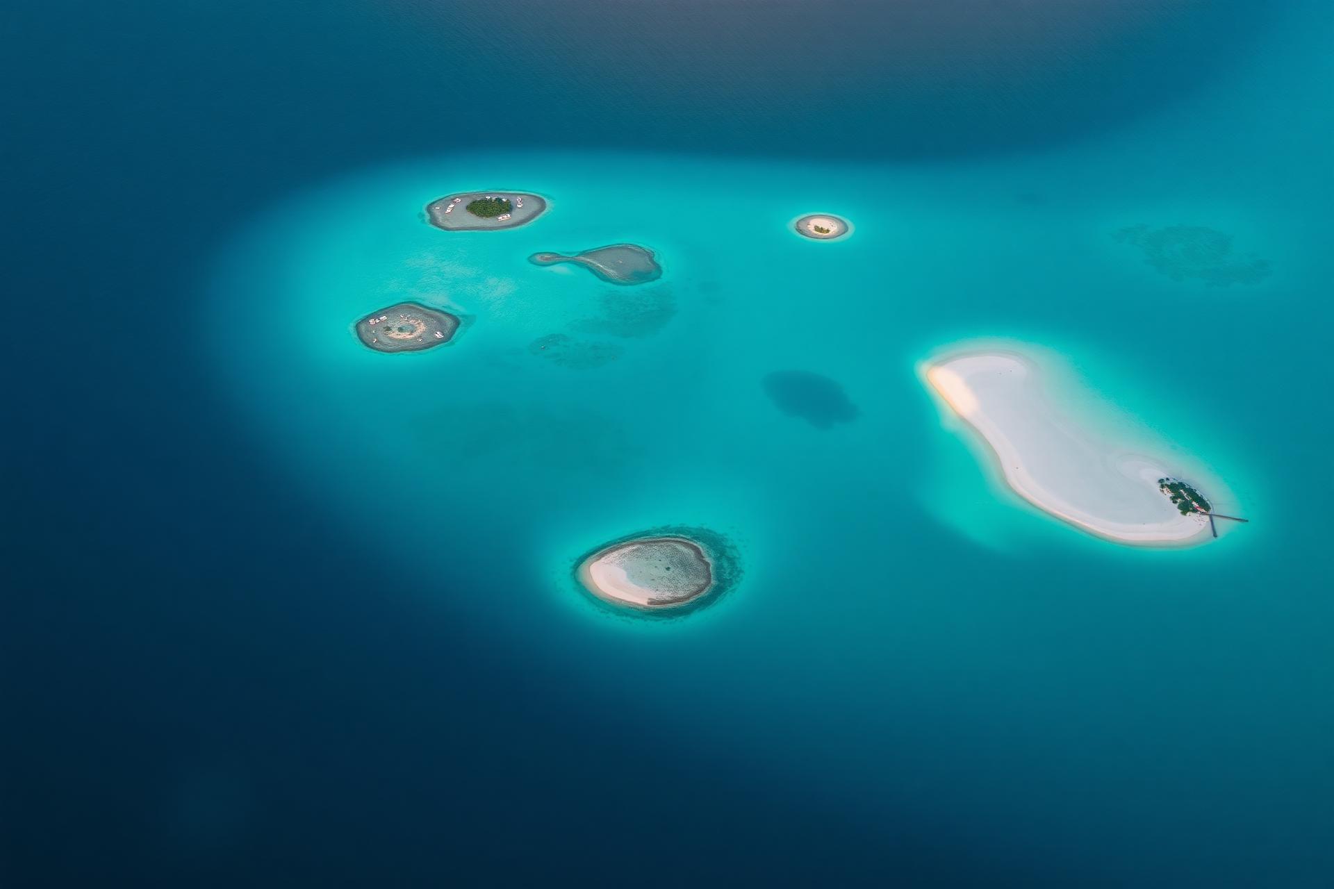Aerial view of turquoise Bahamian waters and small cays